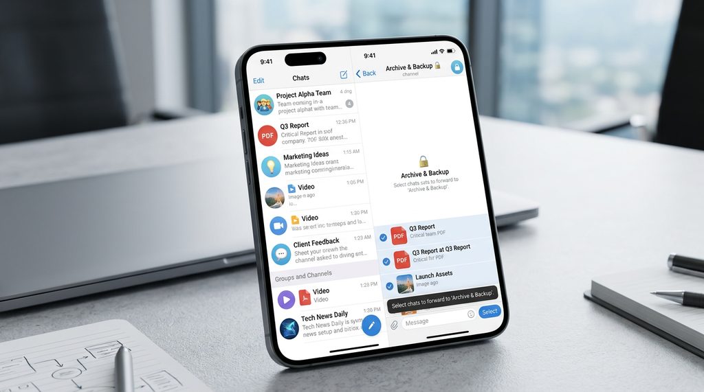 手机端 Telegram 界面截图，展示了用户将多个重要群组内容转发到私人存档频道的示意图
