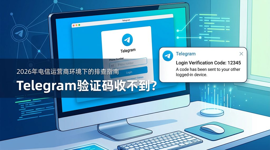 一台电脑屏幕上显示着 Telegram 桌面端登录界面,右侧弹窗提示验证码信息