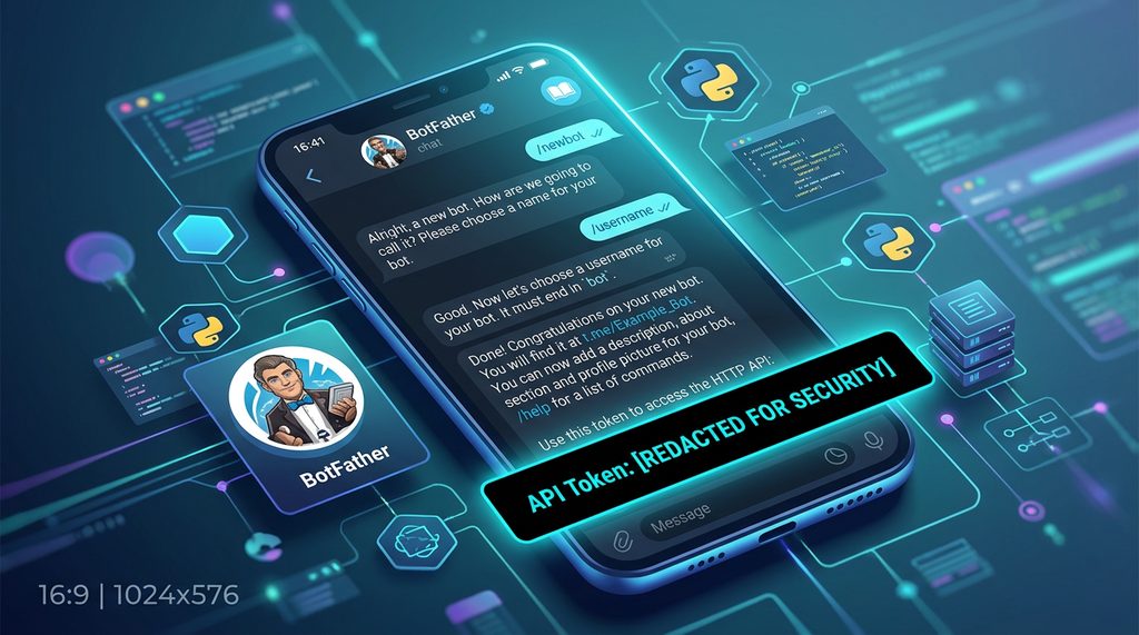 Telegram BotFather 对话界面，显示 API Token 的黑色遮罩提示