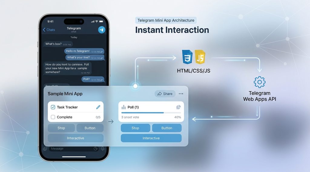 一张示意图,展示 Telegram 聊天界面下方弹出一个半透明的 Web 应用窗口,界面简洁且交互直