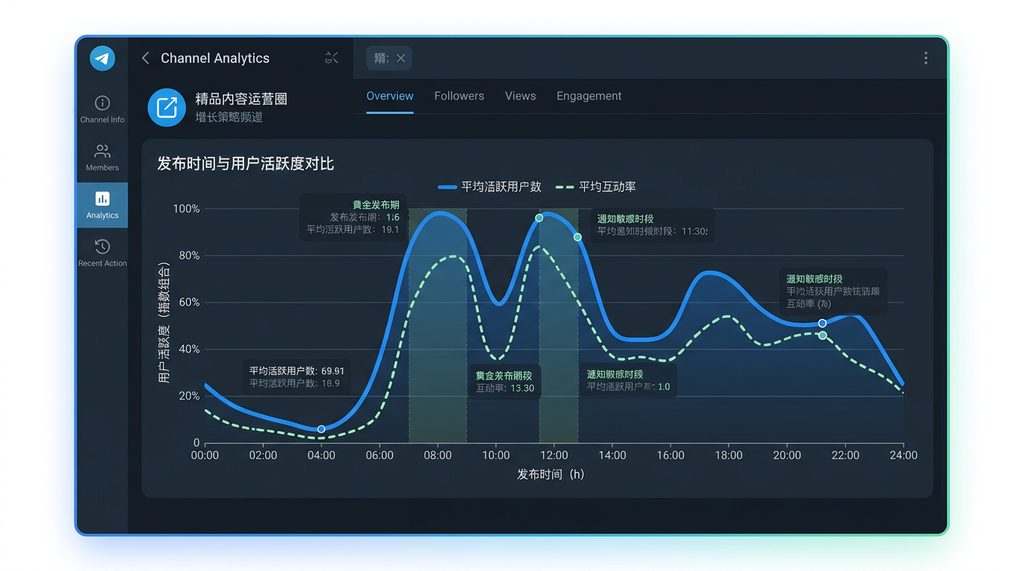 一张 Telegram 频道后台分析截图，显示发布时间与用户活跃度对比的折线图