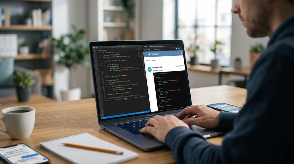 程序员在笔记本上编写 Python 代码，屏幕显示 Telegram Bot API 调试界面