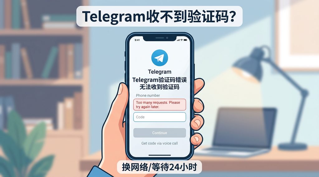 Telegram 应用登录页面显示请求验证码错误提示，界面风格简洁明了