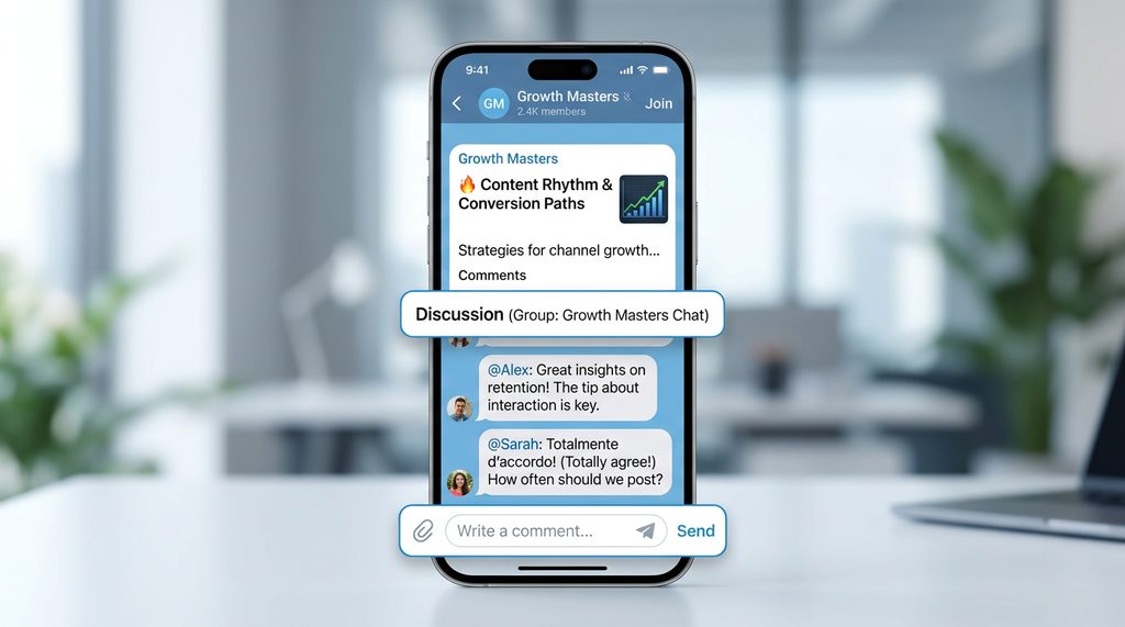 Telegram 频道与群组关联演示，简洁的 UI 界面，下方有互动评论框