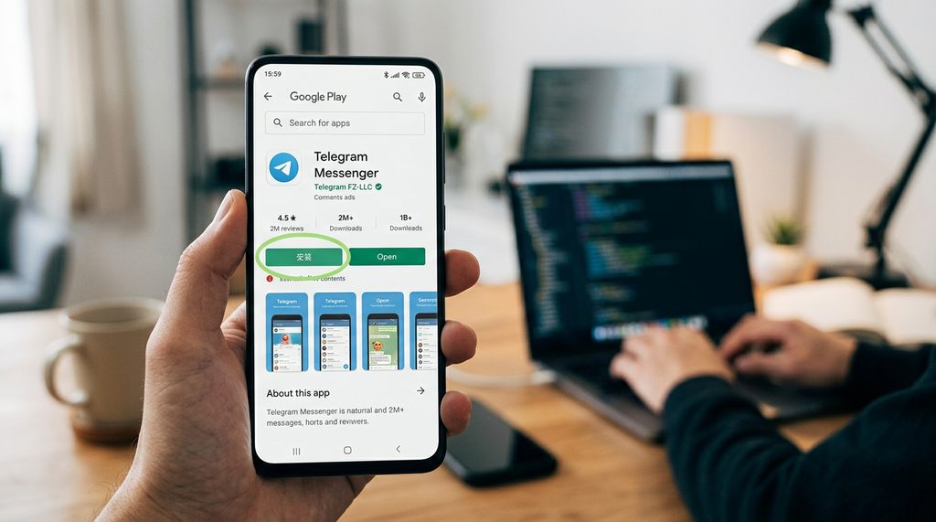 手机屏幕展示在 Google Play 商店搜索 Telegram，显示官方开发者信息的界面，画质清