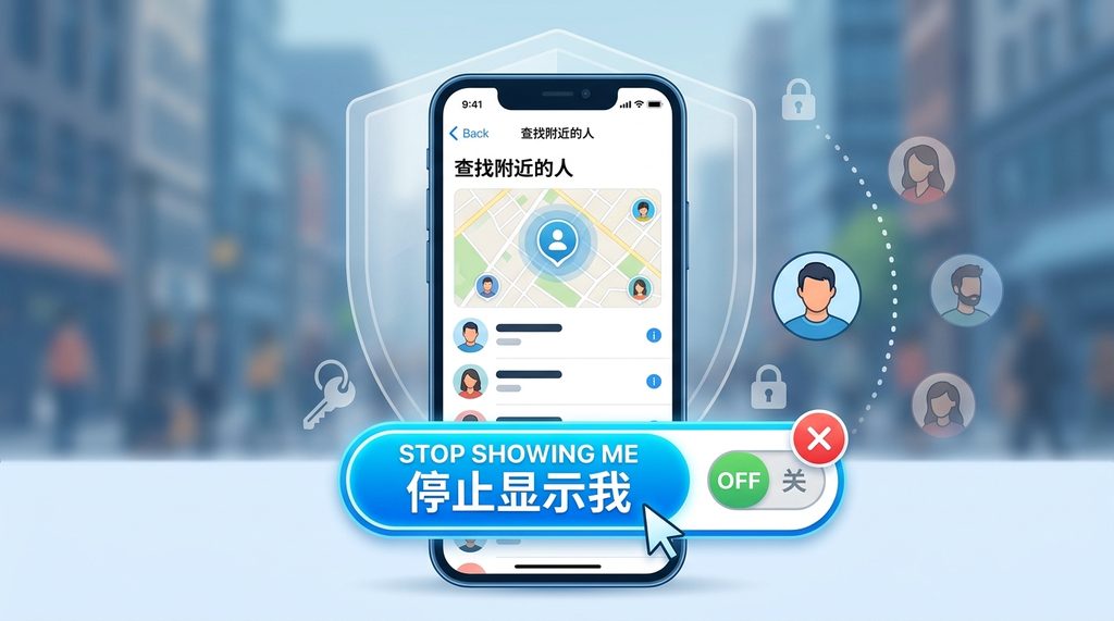 Telegram手机端查找附近的人功能关闭界面示意图，简洁明了，突出Stop Showing Me按