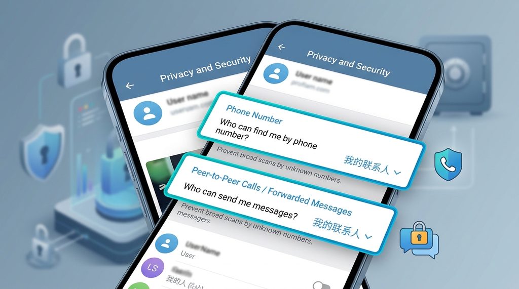 Telegram隐私与安全设置界面，突出展示谁可以发送私信和手机号可见度设置选项