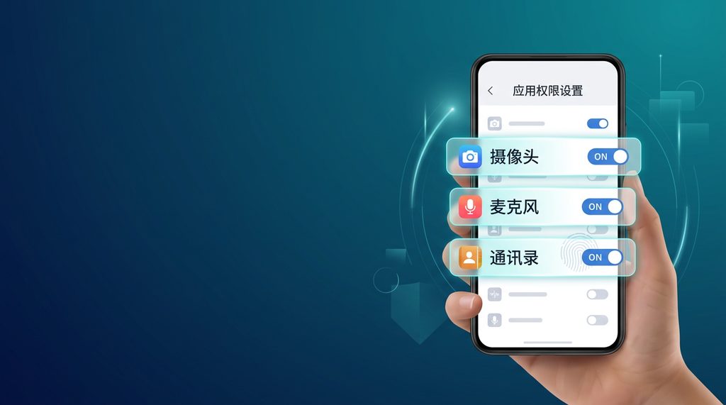 用户正在手机上检查应用权限设置界面，突出显示摄像头、麦克风及联系人权限开关的列表