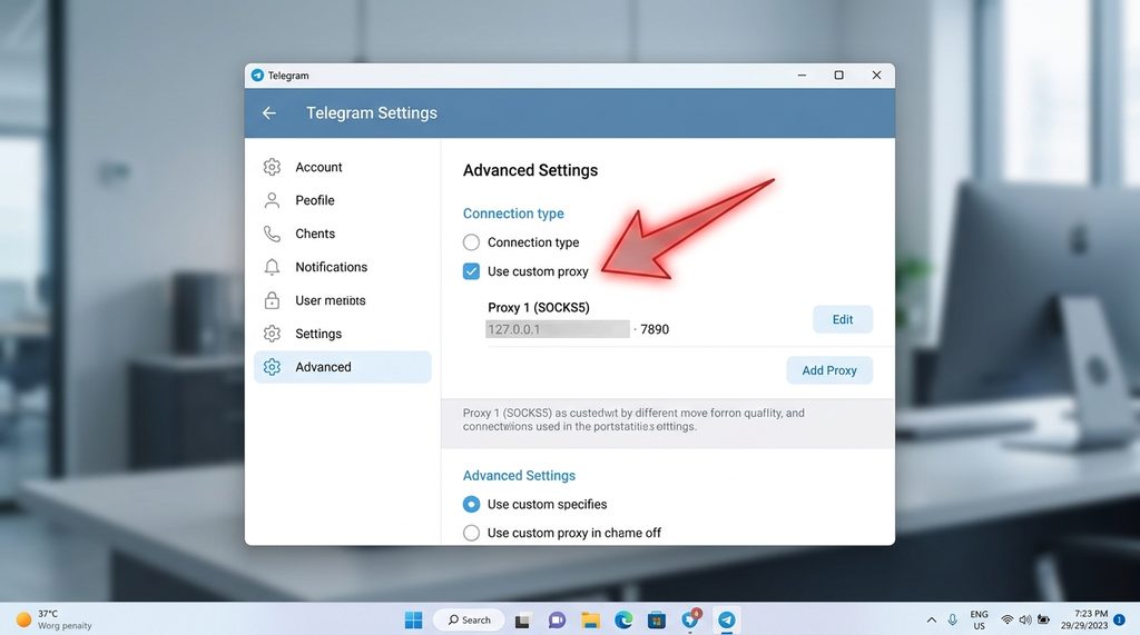 一个清晰的 Telegram 电脑版设置界面截图,箭头指向高级设置中的连接类型与代理端口配置选项