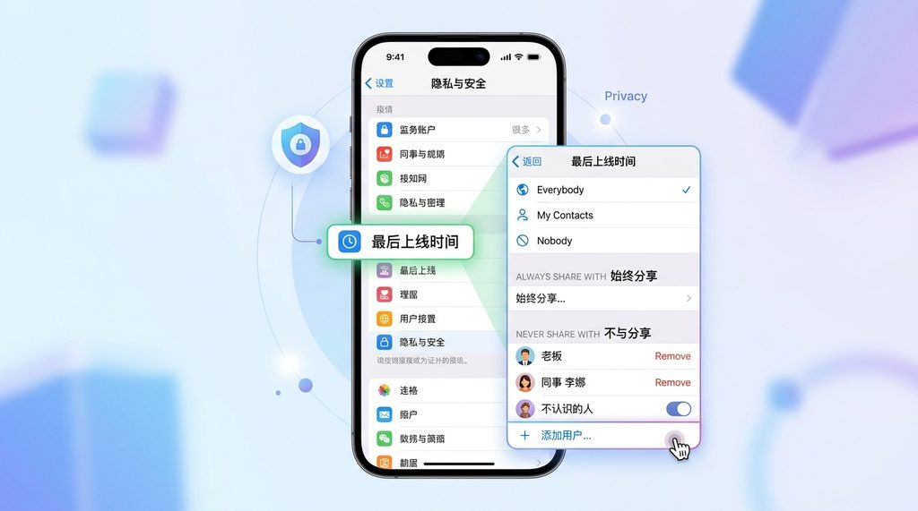 展示 Telegram 隐私设置界面的手机截图,突出显示“最后上线时间”选项及例外添加列表