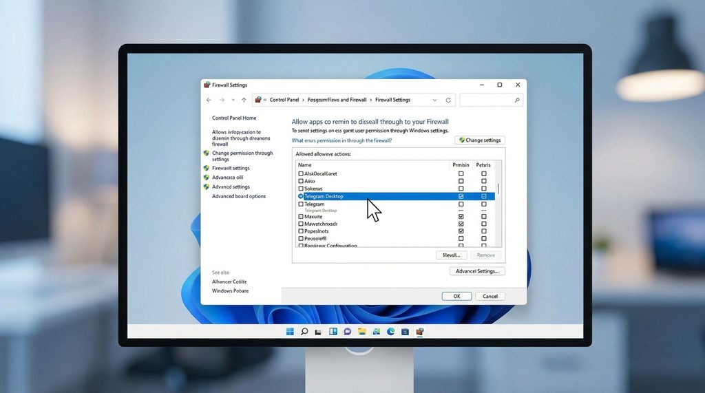 Windows 防火墙设置界面,勾选 Telegram Desktop 允许通过防火墙的示意图