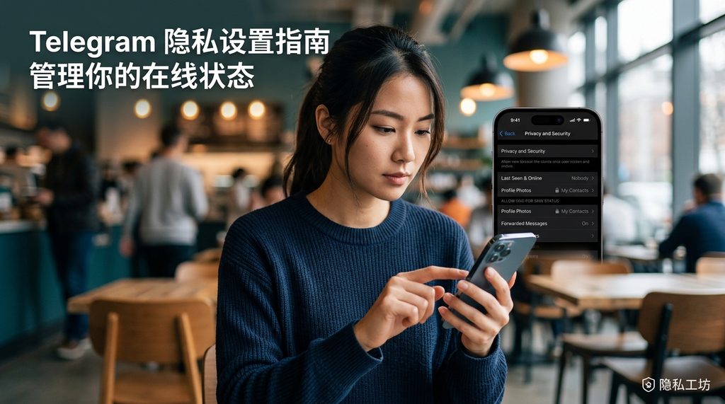 用户在嘈杂的公共空间使用手机,界面显示 Telegram 隐私设置菜单,强调安全感和专注度