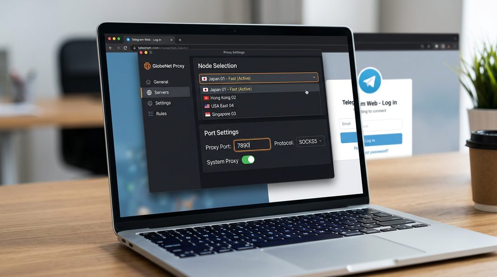 一个电脑屏幕显示代理软件配置界面，标记出节点选择和端口设置区域，风格简洁清晰