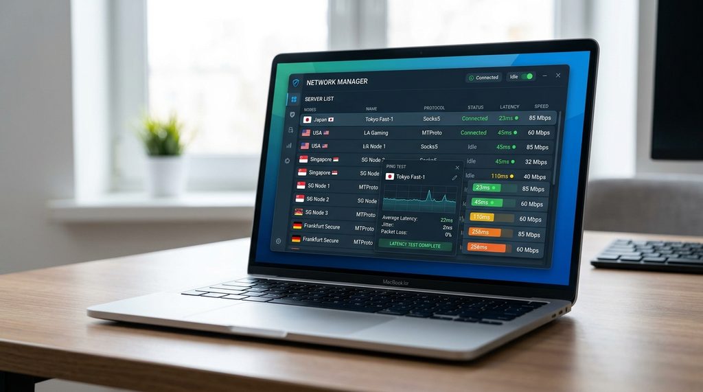 一台笔记本电脑界面,显示代理软件的节点列表与延迟测试窗口,界面简洁现代