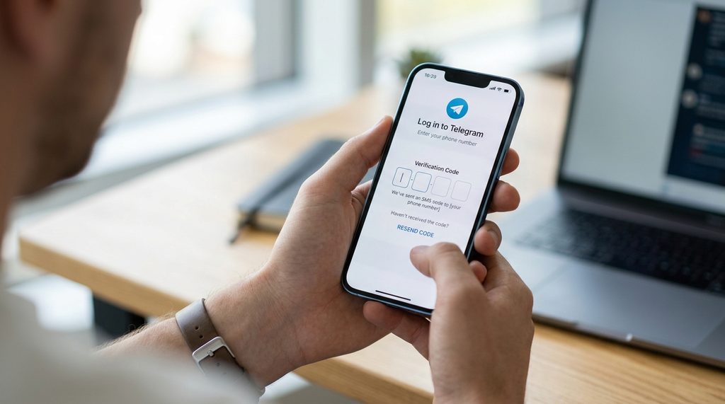 一个人的手持手机,界面显示Telegram登录页面,并在手机屏幕上展示“输入验证码”的输入框,光线明
