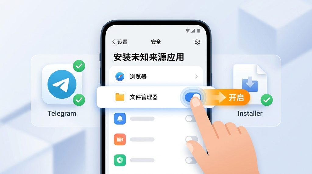 用户在手机设置界面点击开启“允许安装未知来源应用”的示意图,简洁明了的UI风格