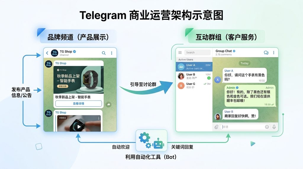 一个清晰的Telegram运营架构示意图，左侧是品牌频道发布产品海报，右侧是互动群组，展示用户与商家