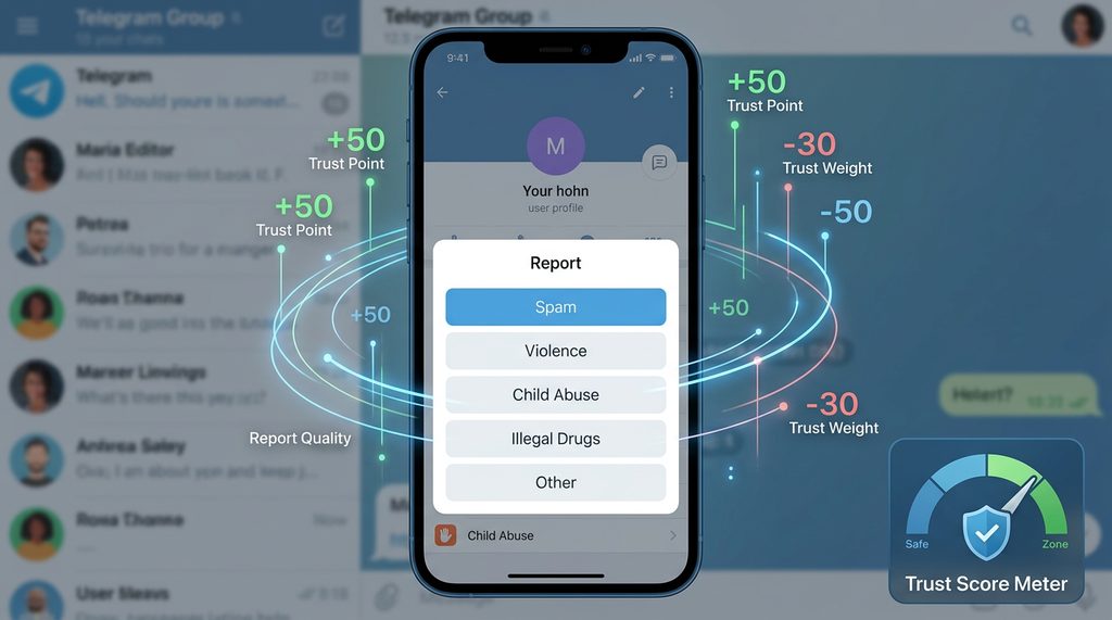 一个Telegram界面,显示举报选项的弹出菜单,背景虚化,强调用户举报行为的数字反馈感