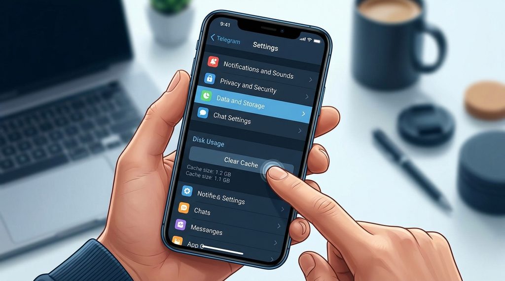 手机屏幕显示Telegram设置菜单中的数据与存储选项,手指正在点击清理缓存按钮