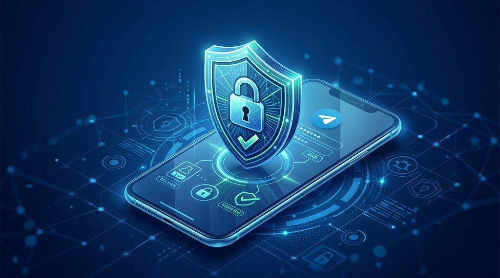 一个数字安全概念图,盾牌图标叠放在智能手机屏幕上方,背景是深蓝色科技感纹理,图标清晰直观
