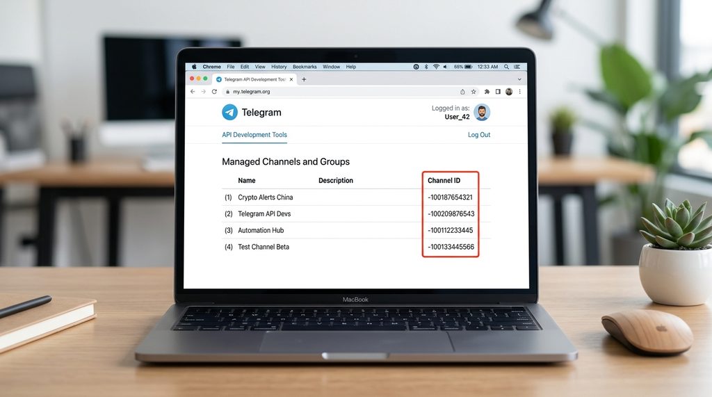 电脑桌面上的网页浏览器，显示 Telegram 开发者门户页面，后台清晰标注了频道名称及其对应的唯一
