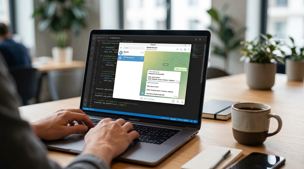 程序员在笔记本电脑上配置Telegram Bot的界面，屏幕显示简单的指令逻辑，旁边是一杯咖啡