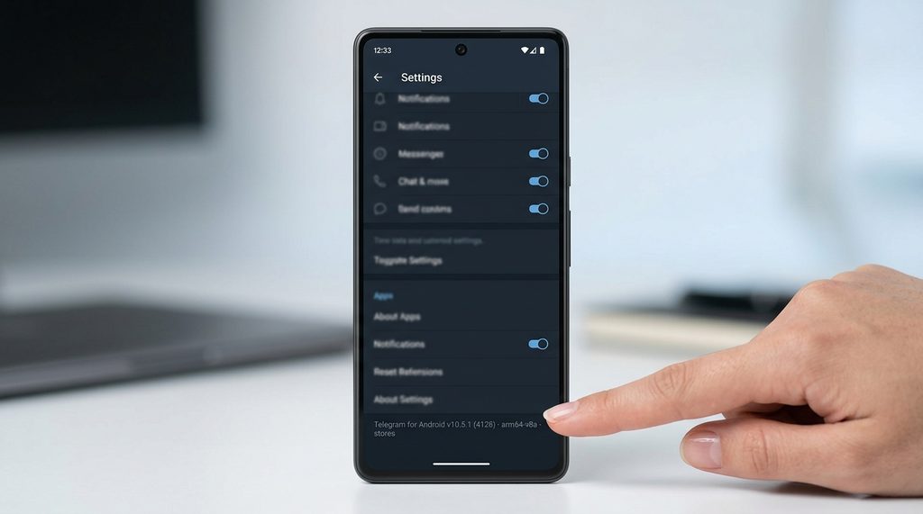 一张现代手机操作系统的设置界面截图,手指指向 Telegram 底部版本号信息,画面简洁清晰
