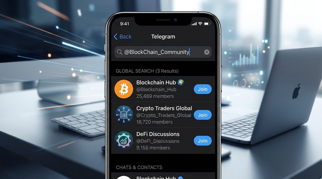Telegram 手机版搜索界面，上方搜索框输入关键词，下方弹出对应的群组与频道列表，界面简洁清晰
