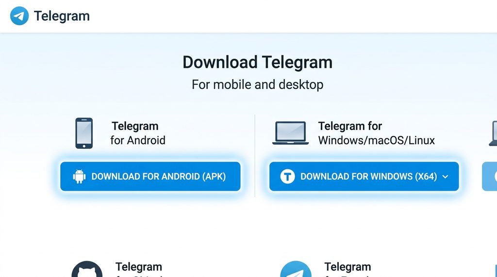 Telegram 官方网站下载页面示意图,突出显示 Android 和 Desktop 下载按钮