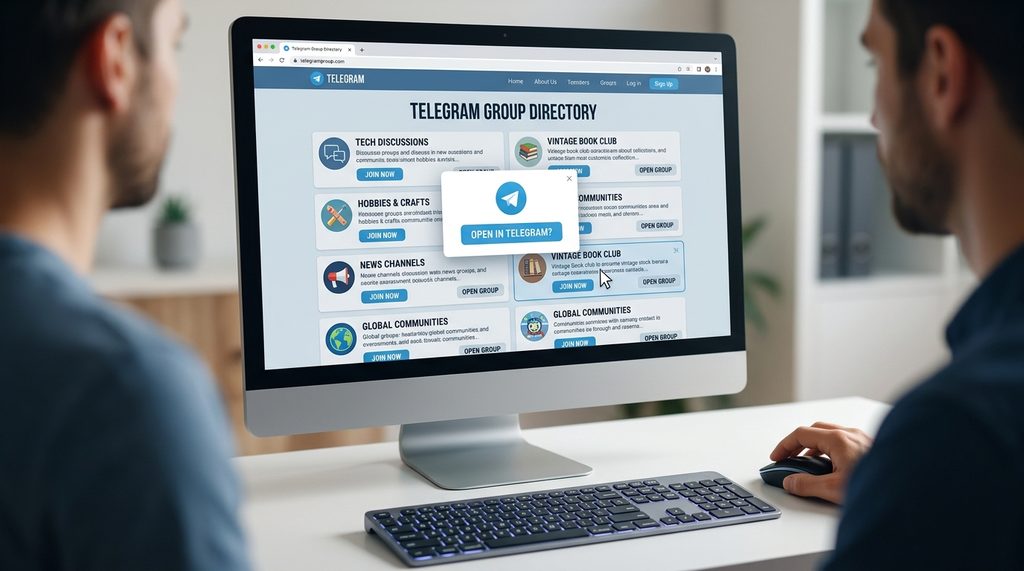 用户在电脑浏览器打开 Telegram 群组导航网站，鼠标点击一个感兴趣的群组链接，页面弹出跳转提示