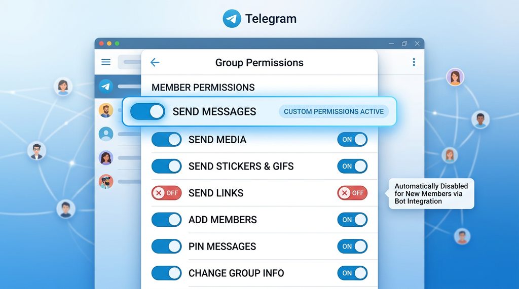 一个清晰的Telegram群组权限设置界面,重点突出成员权限管理开关,现代极简风格,蓝白色调