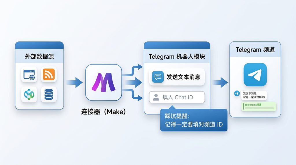 一个清晰的工作流示意图，展示了从外部数据源通过连接器自动将消息推送到 Telegram 频道的流程，