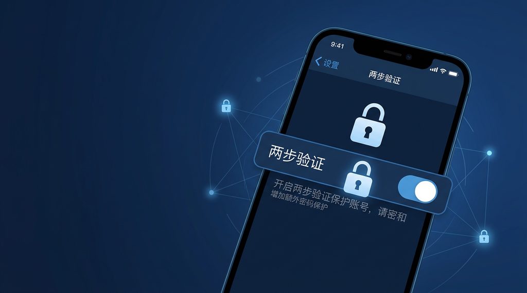 一个简洁的手机屏幕界面,显示Telegram设置页面中带有锁形图标的“两步验证”开关,背景为深蓝色调