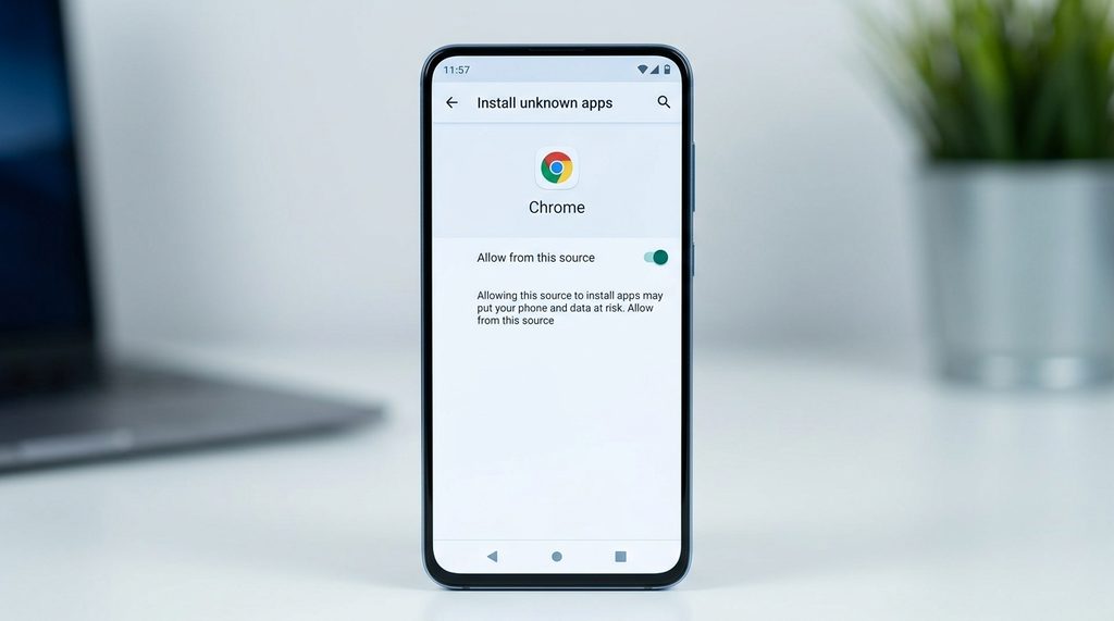 一部安卓手机正在设置界面开启“允许来自此来源的应用安装”权限，界面简洁清晰