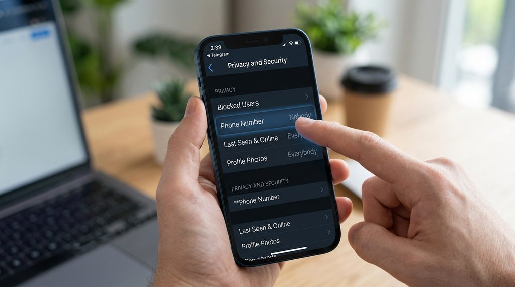 展示Telegram隐私设置界面的手机屏幕，手指正在点击“手机号”设置选项，界面简洁明了