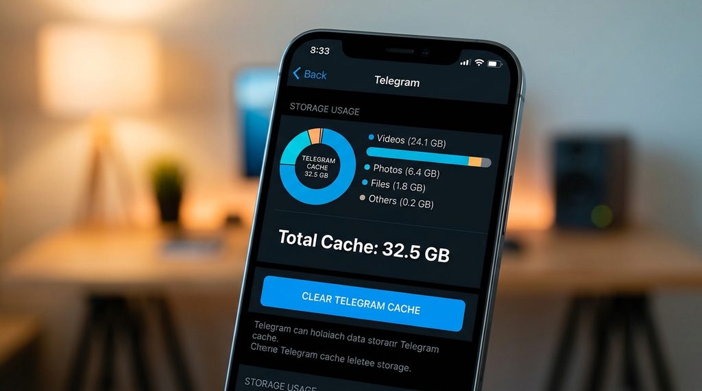 Telegram手机端存储用量界面，显示缓存大小和进度条的清晰截图
