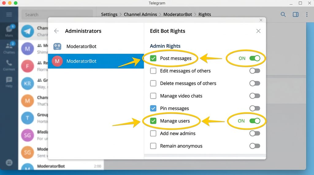一张展示 Telegram 机器人后台权限设置的截图，高亮显示了“发送消息”和“管理用户”的勾选项