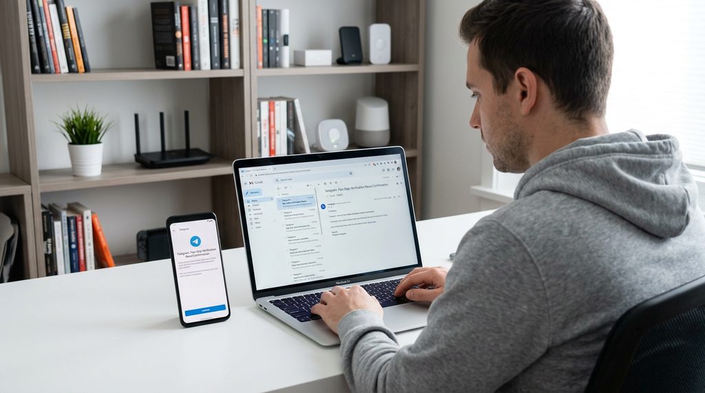 一位用户正在笔记本电脑上查看邮箱,手机放在旁边,屏幕显示两步验证重置确认页面,环境整洁且富有科技感。