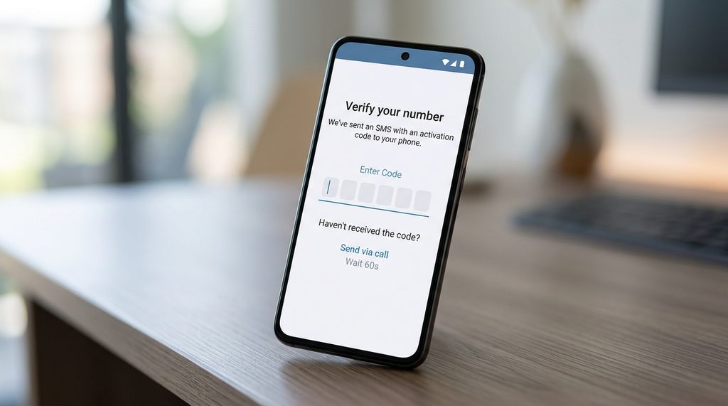 安卓手机Telegram登录界面，屏幕上显示输入验证码的输入框，光标闪烁，背景虚化