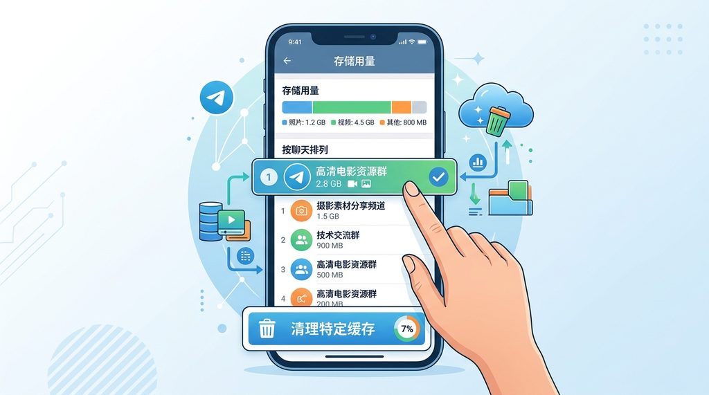 Telegram存储用量界面，展示具体群组和频道占用空间的列表视图