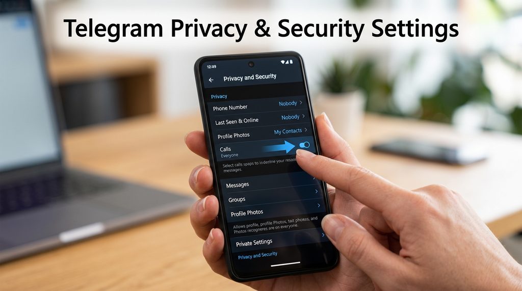 手机屏幕显示Telegram隐私设置菜单，手指点击语音通话权限